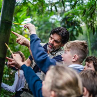 Eden teaching facilitator with pupils in the Rainforest Biome